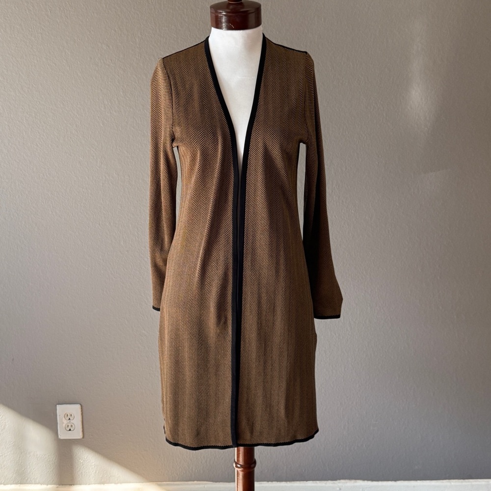 Exclusively Misook Korea Brown Long line Chevron Print Open cardigan Sz S